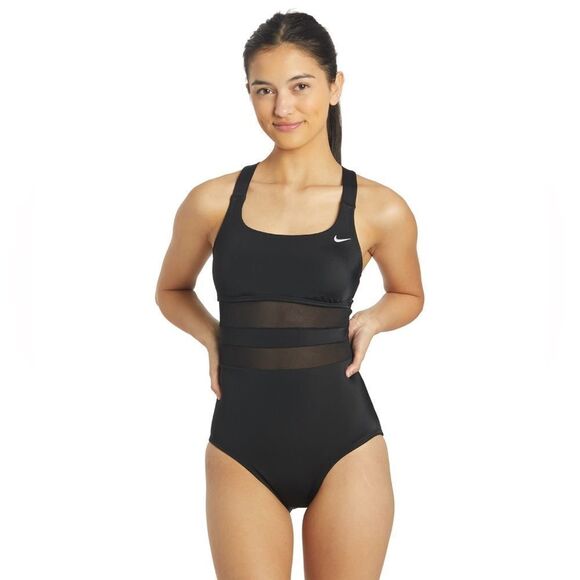 NWT Nike Women's V Back One Piece Swimsuit Mesh Black Sz S - Picture 2 of 9